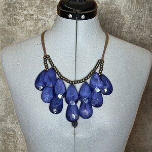 Teardrop Faceted Blue Statement Necklace with Bronze Colored Beads and Leather